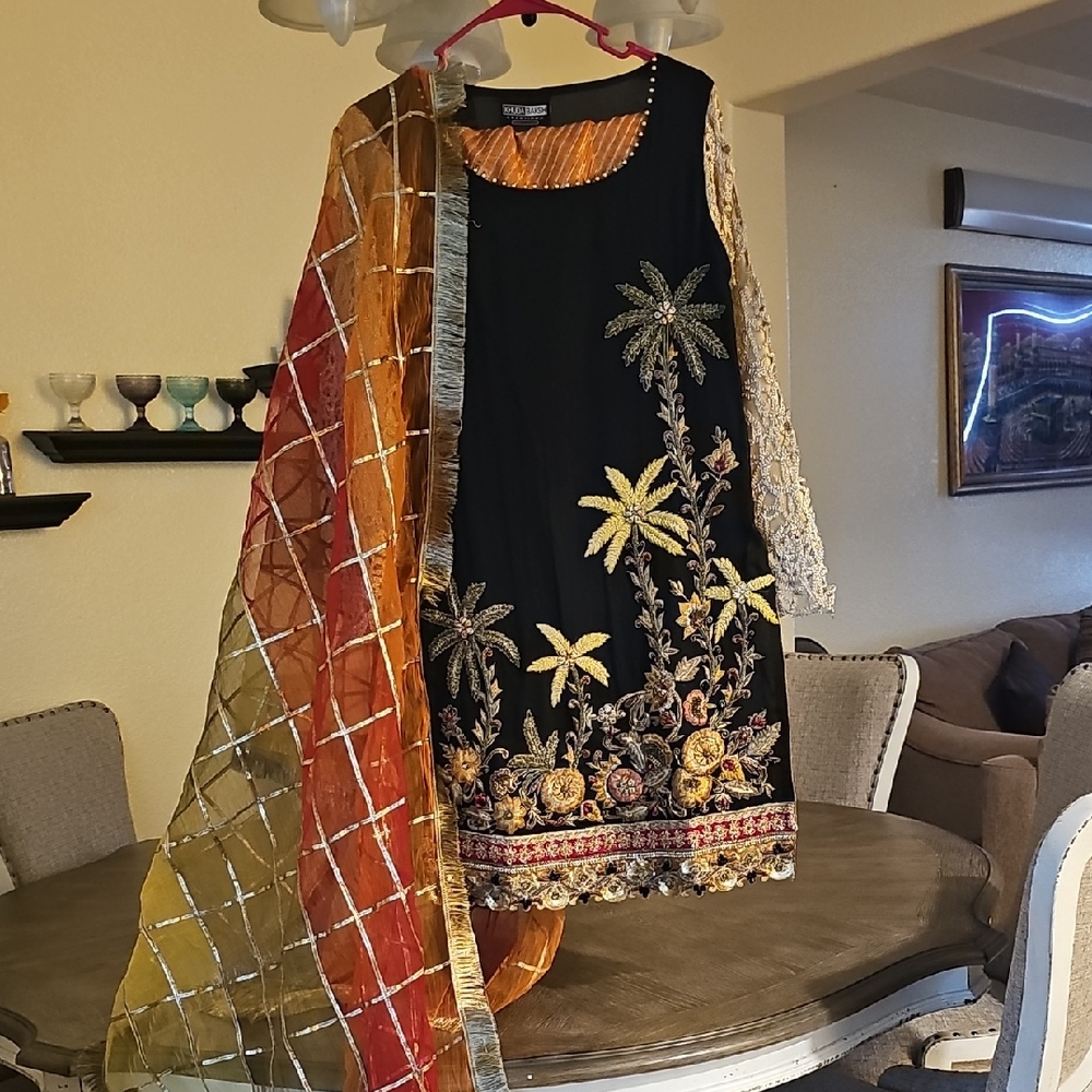 Embroidered Black and Gold Dress with Colorful Dupatta Pakistani Party Wear